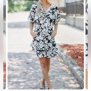 Shop the Mint NWOT Black Floral Dress w/pckts ruffle collar w/tie neck puff slv